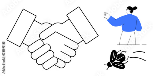 Handshake symbolizing partnership, woman pointing indicating direction or instruction, and fly representing annoyance or disruption. Ideal for cooperation, leadership, conflict, decision-making