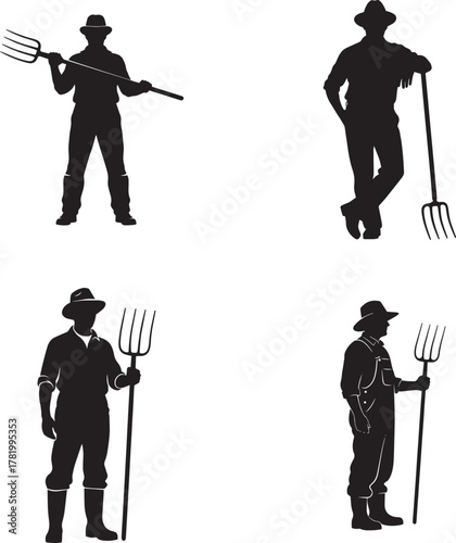 Farmer Silhouette Icons with Pitchfork – Agriculture, Rural Labor, Farming Poses Vector Set
