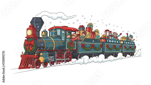 Festive Locomotive Journey: A whimsical train laden with presents, children, and a celebratory wreath glides through a snowy wonderland.