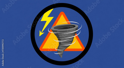 Tornado warning sign with lightning bolt and funnel cloud in a circle on blue background to warn of dangerous weather