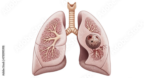 Illustration of human lungs cancer showing a mass or tumor on the right side, medical concept
