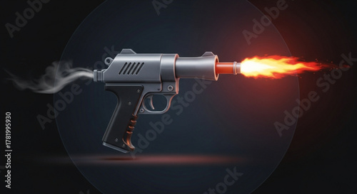 A futuristic gun firing a burst of energy with smoke trailing behind it, set against a dark backdrop with a circular light source
