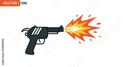 A cartoon illustration of a black pistol firing a burst of orange and yellow energy