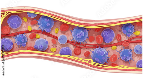 Microscopic view of blood cells cancer flowing through a vessel, illustrating a healthy circulatory system