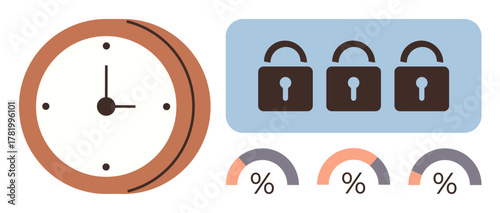 Clock combined with three secured locks and progress indicators represents balance between time, security, and progress. Ideal for productivity, data protection, monitoring, workflow, efficiency