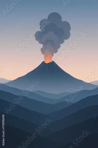 Vector Illustration of Volcanic mountain at dawn with smoke plume