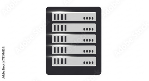 A server rack icon in black and silver for data center and network infrastructure projects and presentations