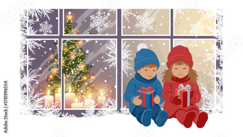 Holiday Cheer: Two children dressed in winter attire, seated before a cozy window that frames a decorated Christmas tree and flickering candles, embody the heartwarming spirit of the festive season.