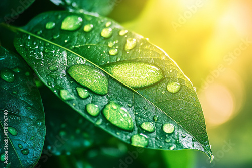 Glistening water droplets covering deep emerald leaf, illuminated by soft morning light