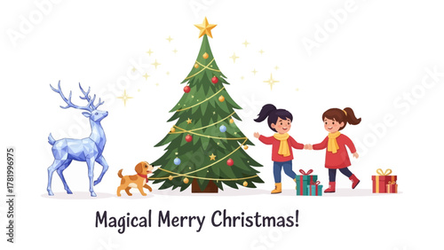 Festive Christmas Scene: Two girls embrace the season's magic, decorating a Christmas tree with playful glee, accompanied by a puppy and a festive deer, all under the sparkling lights.