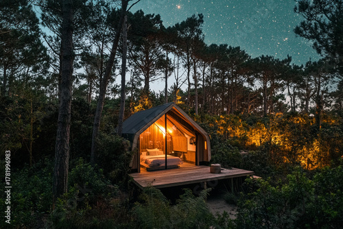 glowing tent under sky filled with twinkling stars in dense pine forest