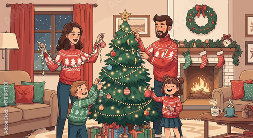 A happy family decorates a Christmas tree in a cozy living room with a fireplace.
