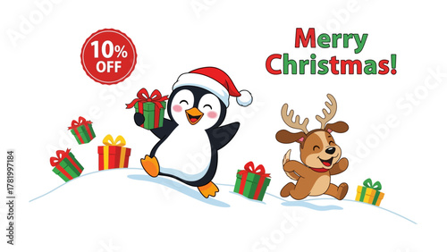 Holiday Cheer and Festive Savings: A joyful penguin in a Santa hat and a reindeer are featured amidst falling gift boxes, celebrating Merry Christmas with a special 10% discount.