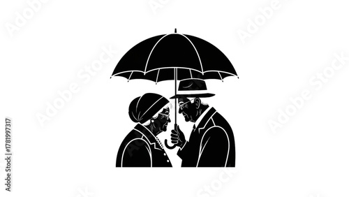 Elderly Couple Under Umbrella Silhouette — Old Man and Woman Walking Together in Rain, Romantic Senior Love, Black Vector Illustration Isolated on Transparent Background