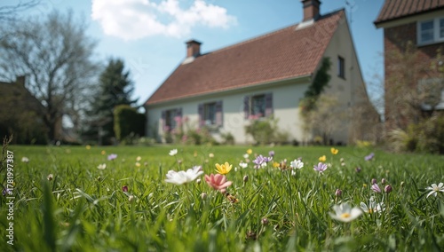 Pastoral Scene with Flowering Meadow and Blurred Houses in the Background.