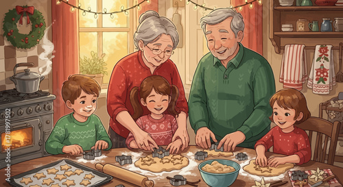 Grandparents and three grandchildren happily baking Christmas cookies together in a warm, festive kitchen.