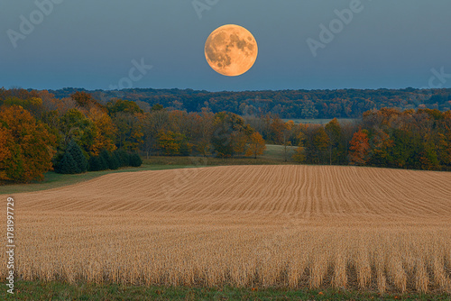 Golden Glow of a Harvest Moon Over Rolling Farmlands A massive moon casts warm light over fields ripe with abundance