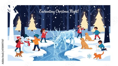 Enchanting Christmas Night Scene: Children and pets are joyful in winter wonderland celebrate holiday in snowy weather.