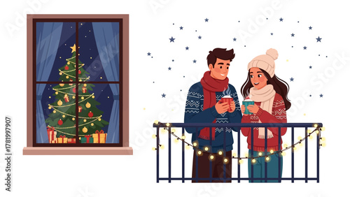 Christmas Couple with Warm Drinks: A couple, wrapped in winter attire, shares warm drinks on a balcony adorned with festive lights, gazing at a decorated Christmas tree glowing through a window.