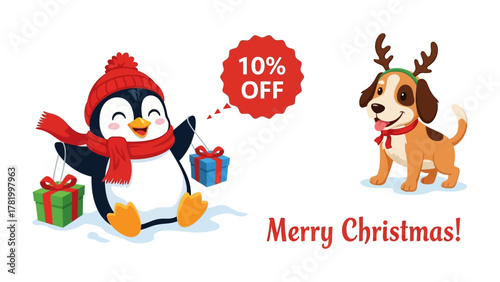 Festive Christmas Discount: A cheerful penguin and a playful dog embody the Christmas spirit. They invite to grab a discount to enhance the festive joy.