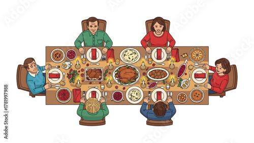 Family Feast Gathering: A heartwarming illustration captures a family united at a laden table. The scene depicts a celebration of togetherness, joy, and the shared pleasure of a meal.