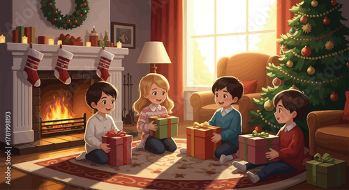 A heartwarming illustration of children gathered around a Christmas tree, opening presents in a cozy living room.