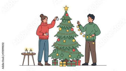 Festive Decorating: A couple working together to decorate a Christmas tree, with cheerful spirits and the anticipation of festive joy in the air.