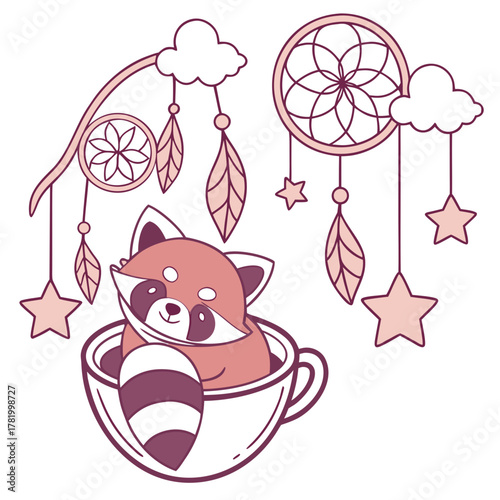 Charming SVG of a Grumpy Red Panda featuring in a teacup, styled in a Fantasy dream theme with Dreamland hues