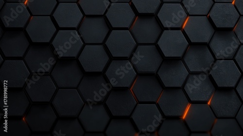dark textured hexagonal tiles with subtle glowing orange light in the gaps creating a futuristic and mysterious atmosphere