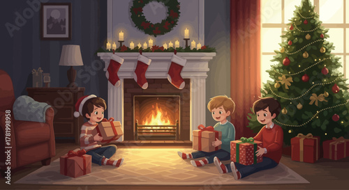 Cozy Christmas scene with three children opening presents in front of a fireplace and decorated tree.