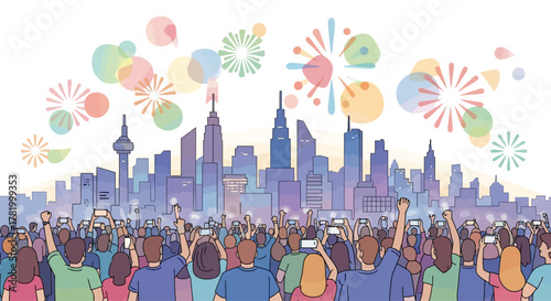Crowd of people watching fireworks over a city skyline illustration.