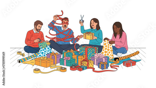 Gift Wrapping Frenzy: A group of friends and family engaging in the fun and festive task of wrapping presents together, creating a scene of holiday cheer.