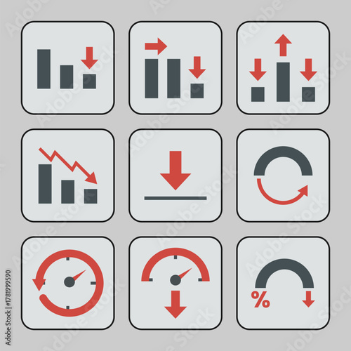 business and financial decrease icons set, decline, loss, and negative performance data