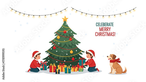 Christmas Cheer: Joyful kids gather 'round a beautifully decorated Christmas tree, unwrapping presents while their loyal canine companion watches with festive joy.