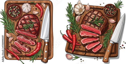 Grilled Steak Dinner Vector Illustration: Cutting Board, Sliced Meat, Rosemary, Garlic, and Knife Graphic