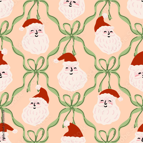 Christmas Santa Claus face preppy coquette bows seamless pattern for wrap, textile