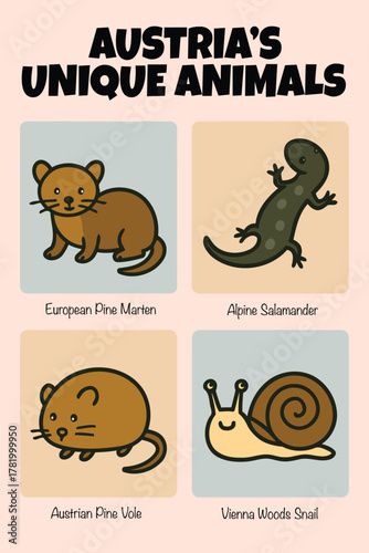 Austria Unique Animals  – European Pine Marten, Alpine Salamander, Austrian pine vole, Vienna woods snail – Flat Vector Illustration