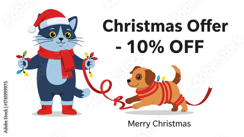 Christmas Offer -10% Off: A merry Christmas offer features a charming cartoon cat and dog adorned in festive attire, entwined in a string of colorful lights.