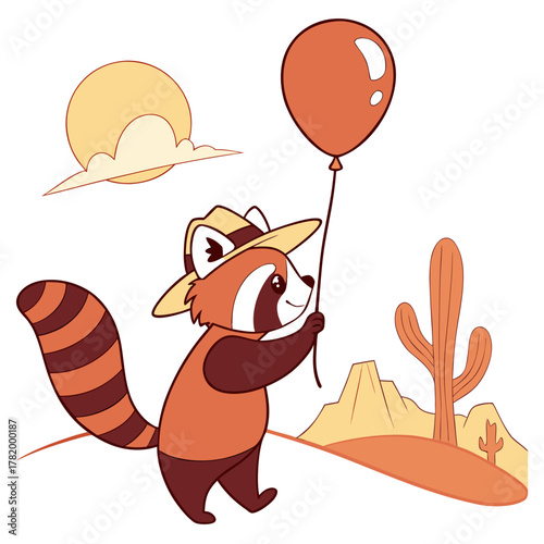 Charming SVG of a Loving Red Panda featuring with a balloon, styled in a Desert sunset theme with Sundown Glow hues