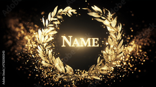 commemoration. Golden laurel wreath encircling glowing name inscription, honor theme, elegant composition. event programs, museum guides, designed for cultural heritage projects and event programs.