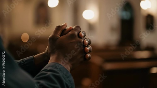Christian man praying with clasped hands in a church, seeking spiritual guidance and reflection during worship service.