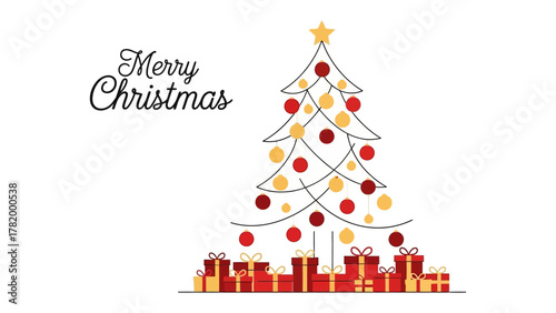 Festive Christmas Celebration: A minimalist illustration features a Christmas tree adorned with ornaments, with a collection of presents below, wishing a Merry Christmas. 