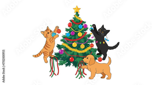 Holiday Decorators: Adorable kitten and puppy companions decorate the Christmas tree, capturing the holiday spirit with festive cheer and heartwarming togetherness.