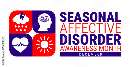 Seasonal Affective Disorder Awareness Month background, banner, card or poster design template is observed every year during December, to raise awareness about the mission. Vector illustration.