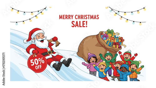 Christmas Sale with Joy: Santa Claus slides down a snow-covered hill with a '50% Off' sign, while children happily gather around a bag filled with presents under a string of festive lights.