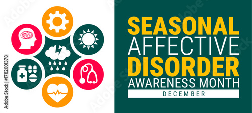 Seasonal Affective Disorder Awareness Month background, banner, card or poster design template is observed every year during December, to raise awareness about the mission. Vector illustration.