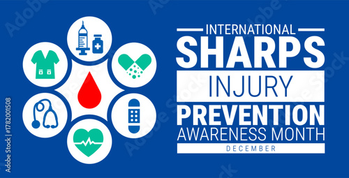 International Sharps Injury Prevention Awareness Month background, banner, card or poster design template is observed every year during December, to raise awareness about the mission. Vector