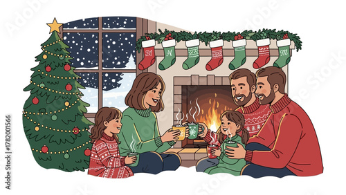 Cozy Christmas Gathering: A family shares warmth and joy by the fireplace, the glow of the fire illuminating their faces as they gather with laughter and love.