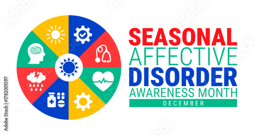 Seasonal Affective Disorder Awareness Month background, banner, card or poster design template is observed every year during December, to raise awareness about the mission. Vector illustration.