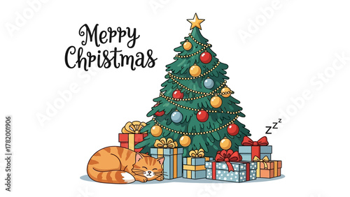 Christmas Cat's Festive Nap: A charming illustration featuring a cozy cat nestled beside a Christmas tree adorned with ornaments and gifts, capturing the warmth and joy of the holiday season.